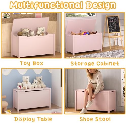 Kids Toy Box Chest, Large Wooden Storage Trunk Bench with Safety Hinged Lid for Ages 3+ Pink - Image 3