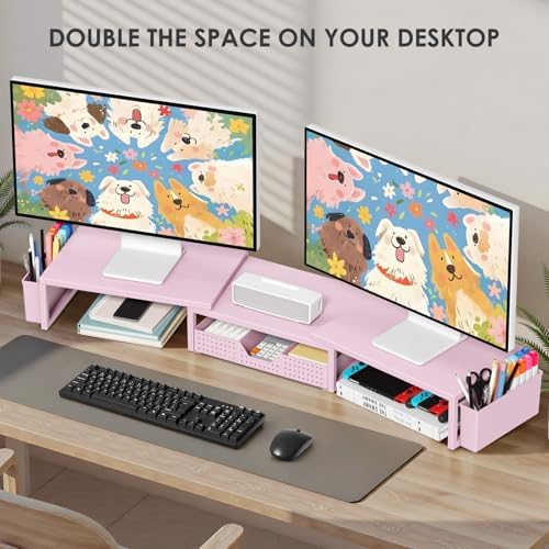 OPNICE Desk Organizers and Accessories, Dual Monitor Stand Riser with Drawer and 2 Pen Holders, Desk Shelf Computer Racks & Printer Stand for Office Workspace Organizers, Desktop Organization (Pink) - Image 4