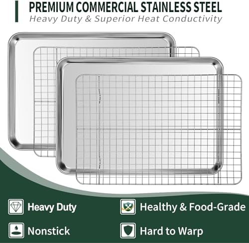 Quarter Sheet Pan with Cooling Rack Set [2 Baking Sheets + 2 Baking Racks], CEKEE Stainless Steel Cookie Sheets for Baking and Wire Rack - Rust & Warp Resistant & Nonstick, Size 12 x 9.8 x 1 Inch - Image 3