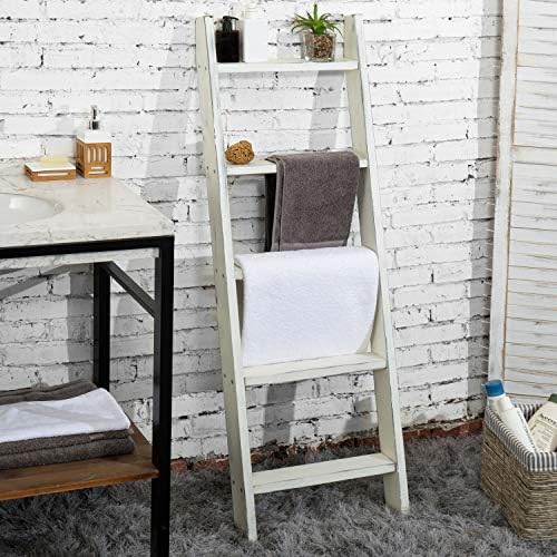 MyGift Large Whitewashed Wood Ladder Blanket Ladder, Farmhouse Style Wall Leaning Towel Rack with 5 Rungs (Vintage White) - Image 2