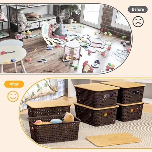 6 Pack Plastic Storage Baskets,Brown bamboo lid storage Box - Image 5