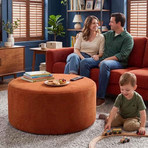 BSHOMGI Round Ottoman,Corduroy Ottomans Foot Stool, 27.5" Pouf Footstool Ottomans Seat, Round Footrest, Modern Side Table for Living Room Bedroom Home Decor No Assembly Require (Orange, 32") by BSHOMGI