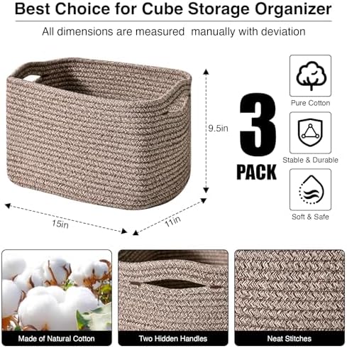 ICERZCZ Storage Baskets for Organizing Shelves, Woven Cotton Rope Bins for Baby Nursery Organization, Book Toy Towel Organizer, 15"x11"x9.5", 3 Packs, Dark Brown - Image 3