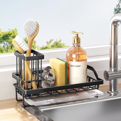Consumest Sponge Holder for Kitchen Sink - Kitchen Sink Caddy Organizer with Removable Drip Tray for Countertop Dish Soap Dispenser Brush Storage Accessories 304 Stainless Steel - Black by Consumest