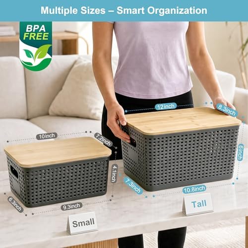 Bagnizer 2 Pack Tall Plastic Storage Bins with Bamboo Lids, 10.8qt Stackable Storages Baskets for Organizing Desktop Closet Playroom Classroom Office, 12"L x 8.3"W x 6.1"H, Gray - Image 2