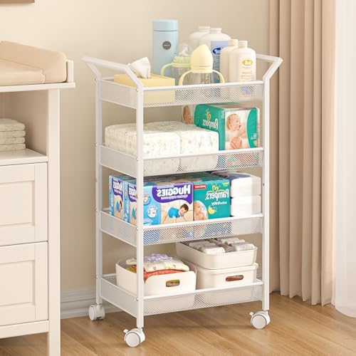 Baby Diaper Caddy Cart, 4-Tier Diaper Caddy Organizer and Storage, Rolling Utility Cart for Baby Supplies, Diaper Cart with Wheels for Bedroom, Nursery, Changing Table, White by 3IngSeagulls