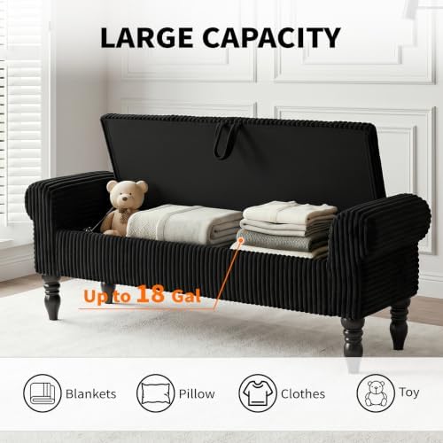 60" Corduroy Storage Bench, Queen End of Bed, Black - Image 3