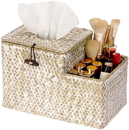 Sumnacon Tissue Box Cover Square Tissue Box Woven Seagrass Tissue Box Holder with Side Organizer, Rustic Tissue Holder for Living Room Bathroom Bedroom Kitchen Office Table Desk, White by Sumnacon