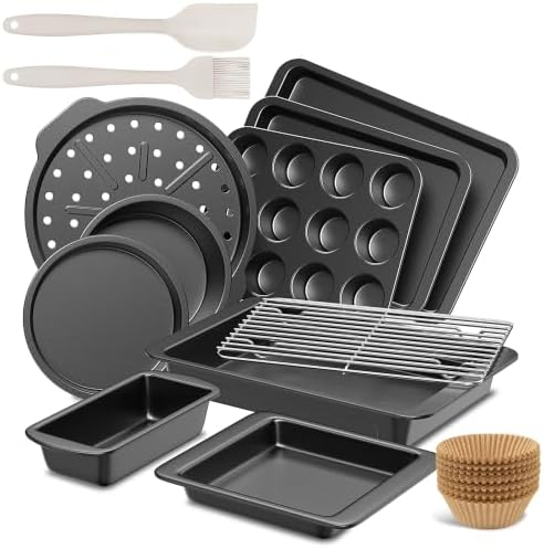 HONGBAKE Bakeware Sets, Baking Pans Set, 12 Pieces Nonstick Oven Pan with 120 Muffin Liners for Kitchen, Wider Grips, Including Rack, Cookie Sheet, Cake, Loaf, Muffin, Pizza Pan - Gray by HONGBAKE
