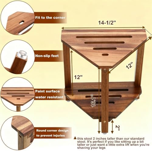 IBosins Corner Shower Stool 16.1in Small Bench Storage Shelf Natural Finish - Image 2