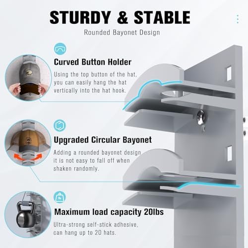 Hat Organizer for Baseball Caps 2Pack, Hat Rack for Wall with Strong Adhesive Hold up to 20 Hats, Hat Hanger Holder Display for Door Closet, Cap Organizer Storage Multilayer Two Mounting Option(Grey) - Image 3