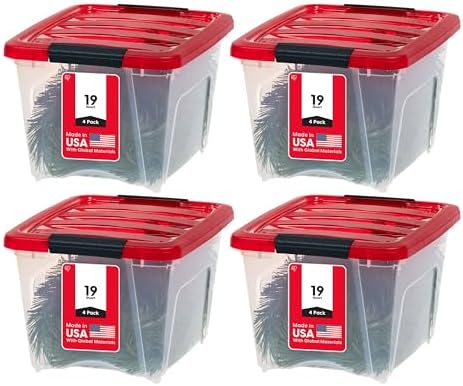 IRIS USA 4-Pack, 19 Qt. Holiday Storage Bin with Lids, Red by IRISUSA
