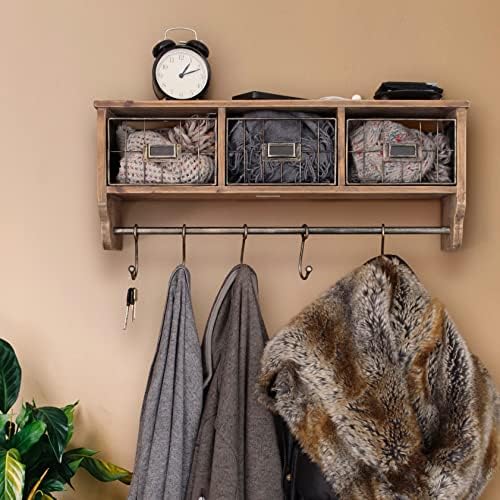 HBCY Creations Wall Mounted Shelf with Coat Hooks and Baskets, Solid Wood Entryway Organizer Wall Shelf with Hooks - Hang Coats, Keys or Coffee Mugs, Rustic Brown 24" Wide - Image 5