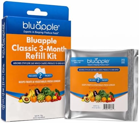 Bluapple Produce Saver Ethylene Gas Absorber - Fresh Fruit & Vegetable Storage for Refrigerator, Each Packet Lasts 3 Months, Produce Storage, BPA Free - Combo Pack (8 Packets & 2 Bluapples for 1 Year) by TheBluappleCompany