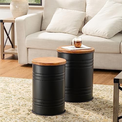 Glitzhome Rustic End Table Set of 2, Farmhouse Galvanized Metal Barrel Ottoman Storage Stool with Round Wood Lid for Living Room Furniture, Black by Glitzhome
