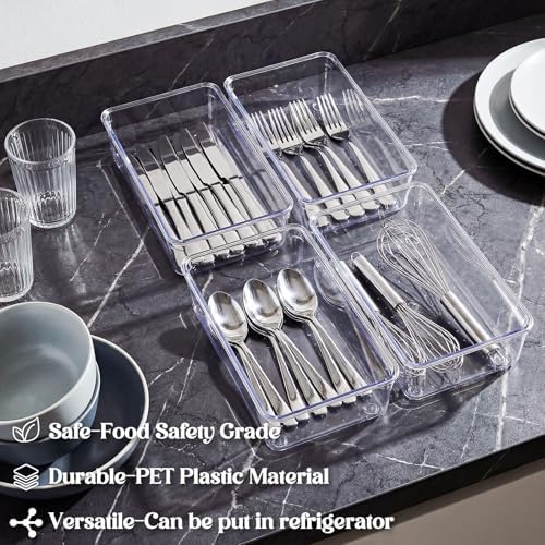 Maitys 12 Pcs Clear Drawer Organizer 9 x 6 x 2 Inches Plastic Rectangle Trays Makeup Vanity Storage Bins and Kitchen Drawers Dividers for Office Desk Silverware Kitchen Utensils - Image 4