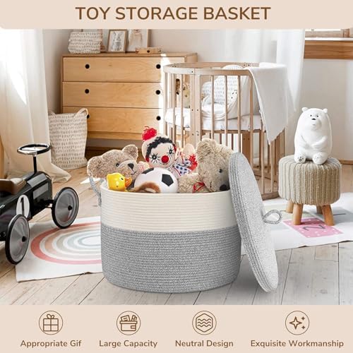 21" x 18" Extra Large storage baskets,Decorative blanket basket with lid for Living room,rope baskets with lid,wicker hamper for bedroom,Big,Round,White & Grey 115L - Image 6