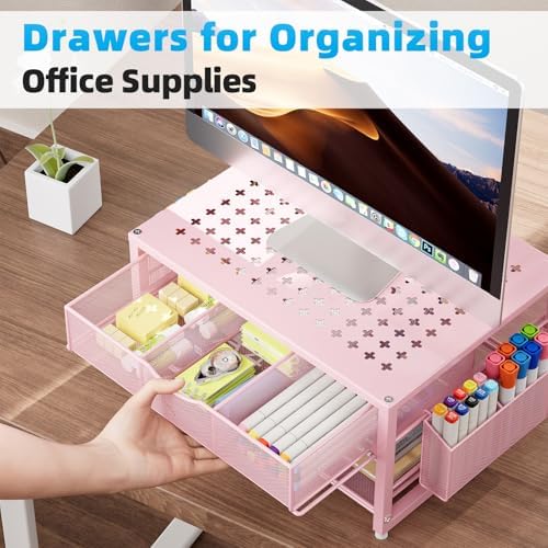 Marbrasse Metal Printer Stand for Desk with Storage Drawer and 2 Pen Holders, 2-Tier Desktop Organizer Printer Table for Home Office, Multi-Purpose Desk Organizer for Fax Machine Scanner Files(Pink) - Image 7