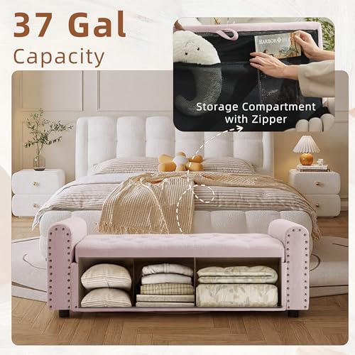 48" Ottoman with Storage, Tufted Storage Ottoman Bench, Convenient Living Room Fabrics Bench Seat, Entryway Shoe Benches with Inner Zipper & Arm, Upholstered Window Seat Ottomans with Rivets,Pink - Image 3