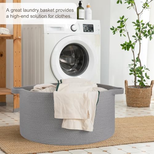 OIAHOMY 90L Extra Large Blanket Basket - Decorative Cotton Rope Storage Basket for Bedroom, Living Room & Nursery - Woven Laundry Hamper for Organizing Blankets, Clothes & Toys - Light Grey - Image 4