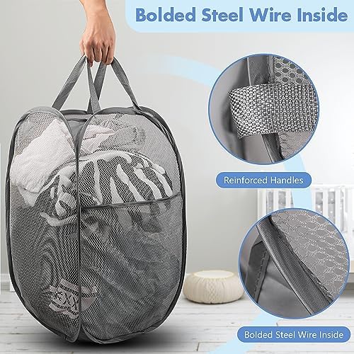2 Pack Pop Up Laundry Hampers, 70 L Collapsible Foldable Mesh Basket, Gray - Image 3