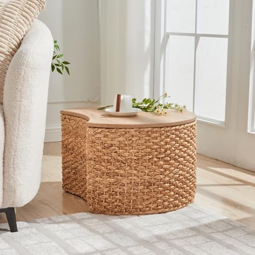 Round Nesting Coffee Table Set of 2 with Storage - Handwoven Wicker Rattan Ottoman Style, Boho Coastal Coffee Tables for Living Room, with Cover & Soild Wood Frame, Natural - Image 6