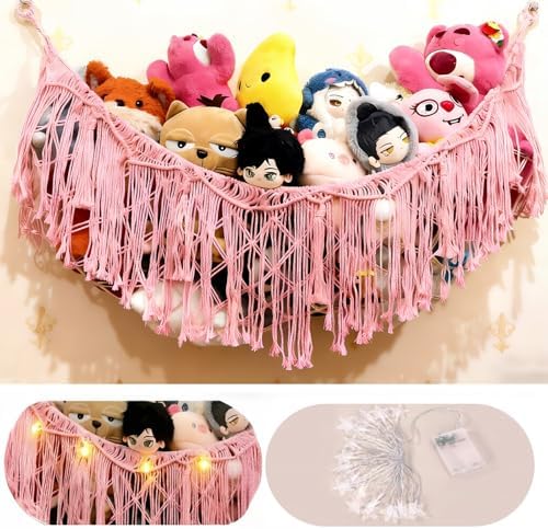 Stuffed Animal Hammock or Net With LED Lights Extra Large Wall Hanging Stuffed Animal Storage Nets for Teddy Bear Handmade Macrame Hanging Toy Net Hammock for Stuffed Animal(Pink) - Image 2