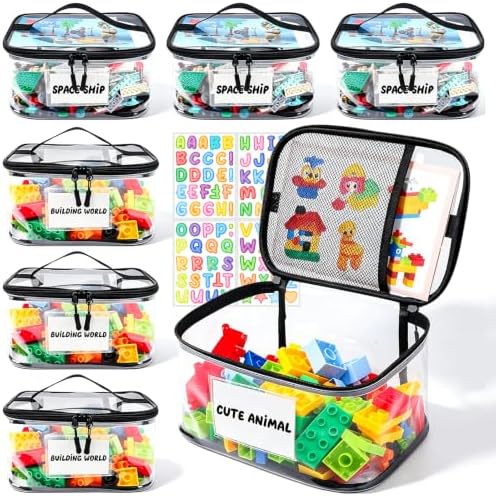 Tesuko 6 Pack Clear Toy Storage Bag with Name Tag& Manual Pocket, Waterproof Transparent PVC Toy Organizer Case for Lego Bricks, Board Games, Building Blocks, Puzzles (Large Capacity, Black) by Tesuko