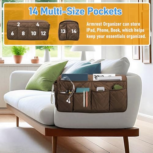 Armchair Caddy for Recliner, Non-Slip Recliner Pocket Organizer, Remote Holder for Recliners, Sofa Armrest Organizer, Couch Caddy with 14 Pockets Storage for TV Remote, Phone, Magazine (Brown) - Image 3