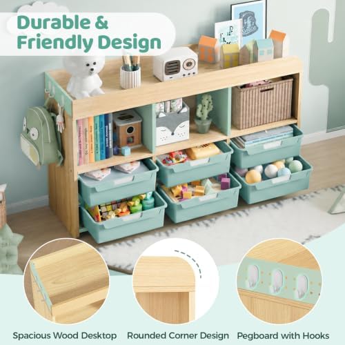 APEXCHASER Toy Storage Organizer with 6 White Bins - Wooden Playroom Storage Cabinet for Toys, Books & Art Supplies, Green - Image 4