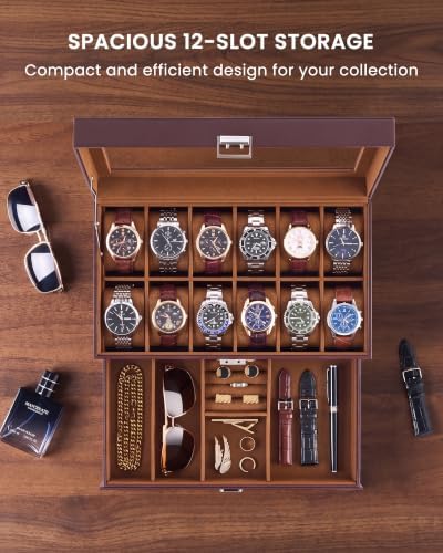 Lolalet Watch Case for Men, 12 Slot Mens Jewelry Box with Drawer Glass Lid - Image 5