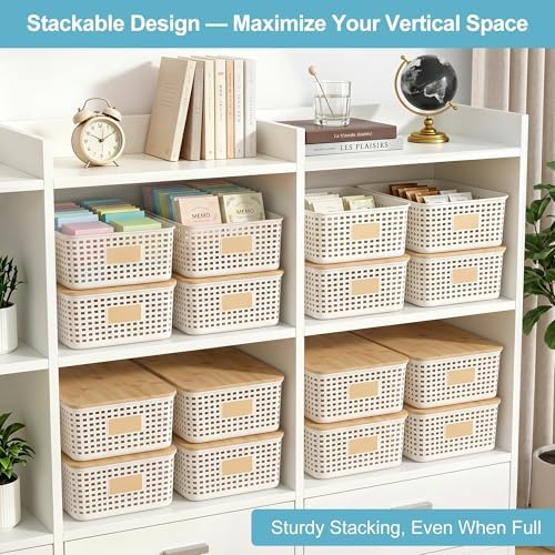 Bagnizer 4 Pack Plastic Storage Bins with Bamboo Lids, 6.2qt Stackable Storage Organizer Box with Lable for Pantry Shelves Drawers Desktop Office, 12"L x 8.3"W x 3.5"H, Cream White - Image 3