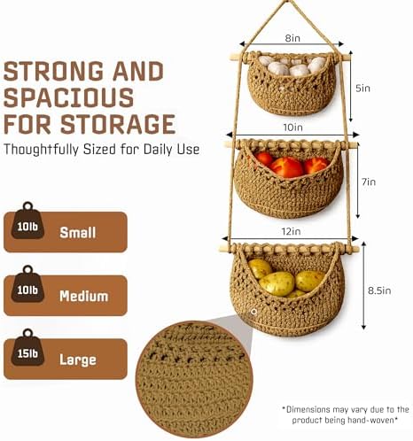 Cotton Hanging Fruit Basket,3 Tier Woven wall Basket, hanging Storage baskets for Kicthen and Bathroom, Macrame wall hanging, Boho Decor Over The Door Decor Organizer, White (Brown) - Image 3