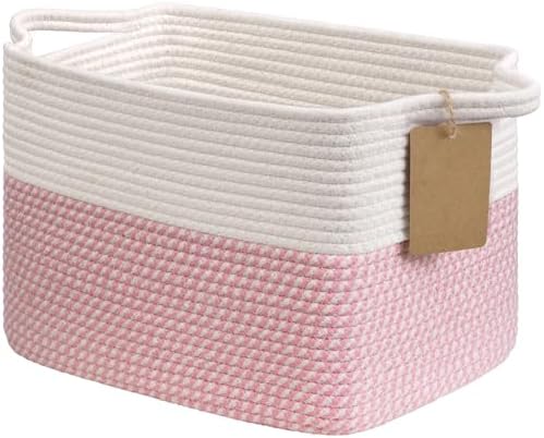 Goodpick Woven Rope Storage Basket for Shelves, Rectangle, Pink & White by Goodpick