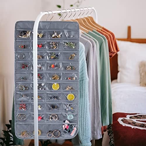 Bloss Hanging Jewelry Organizer With 80 Pockets Jewel Hanger For Jewelry Earring Storage Hanging Pocket Organizers Earring Holder Organizer for Mothers Day Gifts-Gray - Image 6