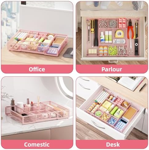 Marbrasse Expandable Desk Drawer Organizer, Mesh Tray with 10 Adjustable Compartments, Desk Organizers for Office Supplies, Makeup & Vanity (Expandable-Pink) - Image 4