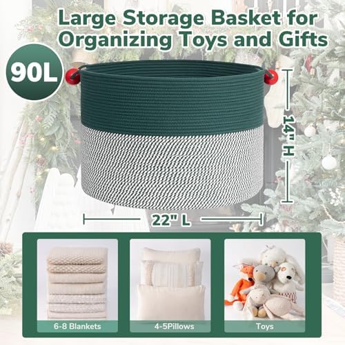 Goodpick Large Storage Basket 22" x 14", Woven Baby Storage for Blanket Living Room, Laundry Organizer for Clothes, Toys, Christmas Basket for Gifts, Green - Image 2