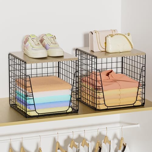 SWTYMIKI 2PCS Closet Organizers and Storage - Stackable Closet Basket with Wood Top Shelf, Clothes Storage Shelves, Clothes Drawer Bins for Wardrobe, Bedroom, Entryway, Black - Image 2