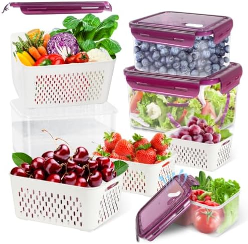 TBMax 8 Pieces Airtight Fruit Storage Containers for Fridge with Air Circulation Vent, 4 Pack Produce Saver with Colander for Berry Lettuce Salad Vegetable Storage, Refrigerator Organizers -Purple by TBMax