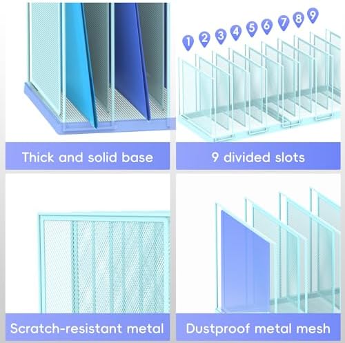 9-Section Desk File Organizer, Vertical File Holder, Mesh Desktop File Folder Metal File Organizer Stand for Office Home Classroom, Blue - Image 5