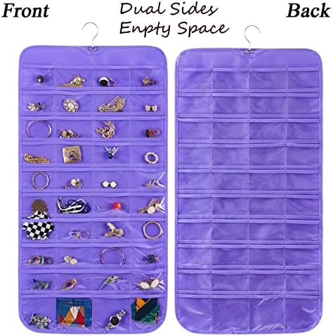 Bloss Hanging Jewelry Organizer, 80 Pockets Dual Sides Wall Jewelry Organizer Storage Dorm Room Essentials for Girls Necklace Organize And Earring Holder Hang on Closet/Door (Purple) - Image 4