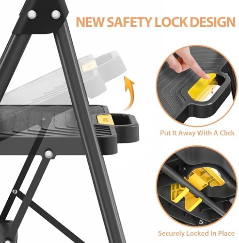 TOOLF 3 Step Ladder, Folding Portable Ladder with Anti-Slip Pedals, Black - Image 2