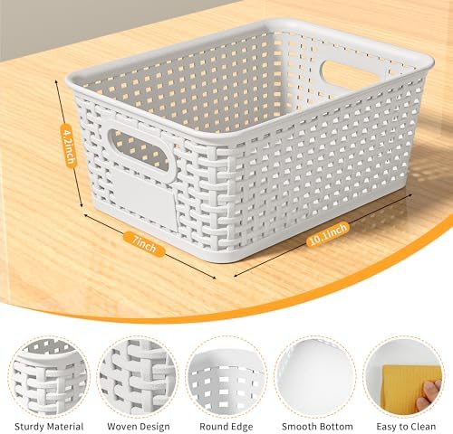 8 Pack Plastic Storage Baskets,White Stackable Storage Bins - Image 2