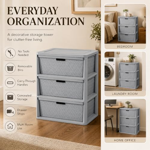 Wide 3-Drawer Plastic Storage Tower, Decorative Organizer Chest, Gray - Image 3