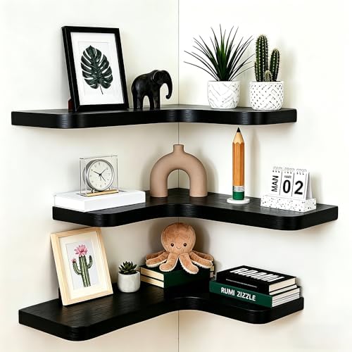Floating Corner Shelves, Wall Shelf Set of 3, Shelves for Wall Storage, Solid Wood Shelves for Storage, Wall Mount Wooden Display Shelf for Bathroom Bedroom Kitchen Garage (Black 3 Pcs) by Unknown