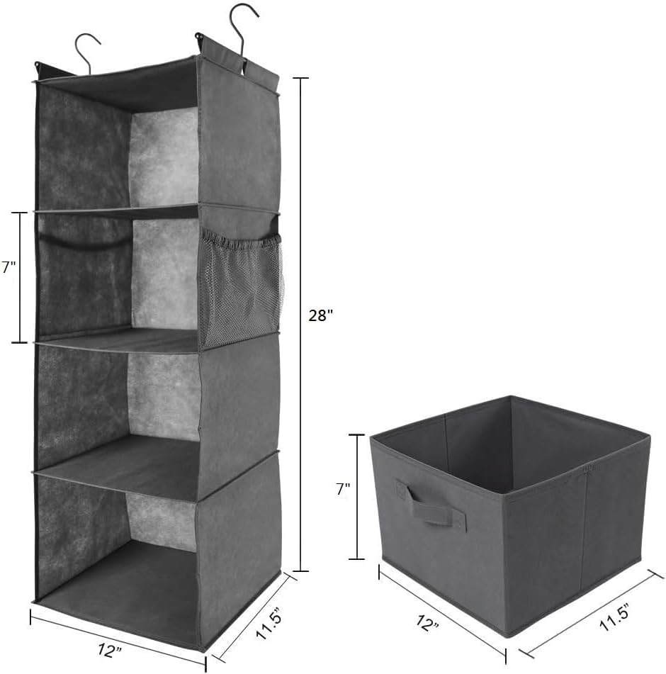 MAX Houser 4-Shelf Hanging Closet Organizer, Space Saver, Cloth Hanging Shelves with 2 Side Pockets, Foldable (Grey) - Image 2