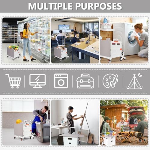 Foldable Utility Cart with Stair Climbing Wheels,Collapsible Rolling Crate with Magnetic Lid Telescopic Cover,Telescoping Handle,360° Rotate Wheel Hand Cart for Teacher Shopping Moving(Milky White) - Image 5