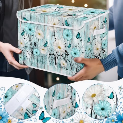 Briwooody Blue Daisy Storage Bin with Lid and Carrying Handle Floral Butterfly Foldable Storage Box Large Farmhouse Decorative Collapsible Container Basket for Organizing Closet Home Bedroom Gift - Image 3