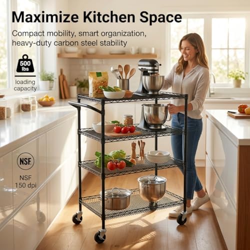Finnhomy 4 Tier Heavy Duty Commercial Grade Rolling Cart with Handle Bar, Metal Wire Utility Cart with Wheels, Service Trolley on Wheels, Shelf Size 18" D x 36" W, NSF, Black - Image 4