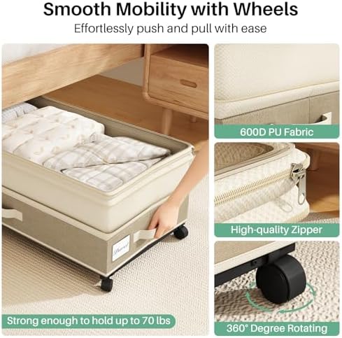 Kitstorack 4 Pack Height-adjustable Under Bed Storage with Wheels, Under Bed Storage Containers,Under Bed Shoe Storage Organizer with Clear Window&Label, Suitable for Clothes Storage, Beige & Linen - Image 4